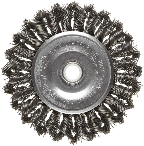 Weiler Dualife Standard Wire Wheel Brush, Round Hole, Steel, Partial Twist Knotted, 4' Diameter, 0.020' Wire Diameter, 1/2-3/8' Arbor, 7/8' Bristle Length, 1/2' Brush Face Width, 20000 rpm