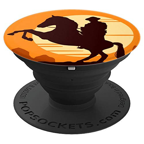 Silhouette of Cowboy Riding a Horse at Sunset - Illustration - PopSockets Grip and Stand for Phones and Tablets