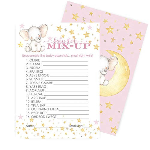 Paper Clever Party Starry Pink Elephant Word Scramble Baby Shower Game (Pack of 25)