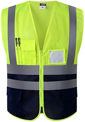 Multi Pockets Class 2 High Visibility Zipper Front Safety Vest With Reflective Strips.Meets ANSI/ISEA Standards (XXL, Fluorescent yellow)