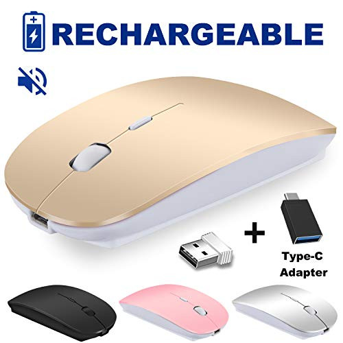 Rechargeable Wireless Mouse VEGCOO C13 Slim Silent Click Noiseless Optical Mouse with USB Receiver & Type-C Adapter for Laptop, Desktop, Tablet, Notebook, PC, Computer, MacBook Travel & Office (Gold)