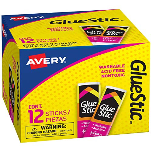 Avery Glue Stic White, 0.26 oz., Washable, Nontoxic, Permanent Adhesive, 12 Glue Sticks (00166)