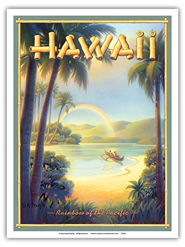 Rainbow of the Pacific - Hawaii - Vintage Style Hawaiian Travel Poster by Kerne Erickson - Master Art Print - 9in x 12in