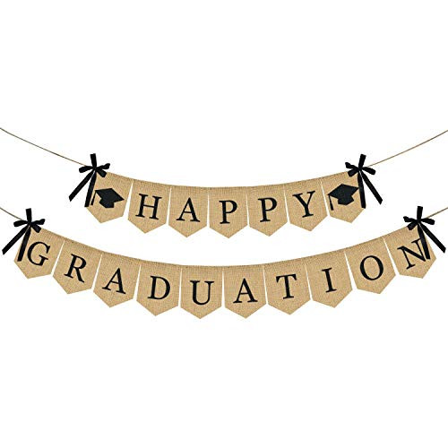 Burlap Happy Graduation Banner | Rustic Vintage Graduation Decorations | Perfect for Graduation Party Supplies 2019 | Grad Party Decor for Home, College, Senior, High School Prom Decorations