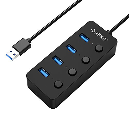 ORICO 4-Port USB Hub, USB 3.0 Format with Individual Power Switches and LEDs for Windows, Mac, Linux, PC and Laptop - Black