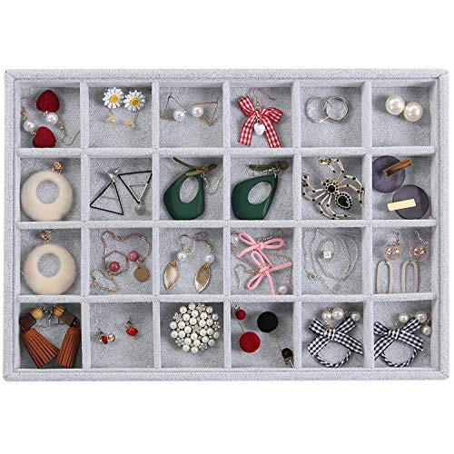 Valdler Velvet 24 Grid Jewelry Tray Stackable Showcase Display Drawer Oganizer Storage