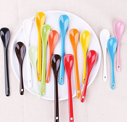 Astra Gourmet 6.5" Long Ceramic Soup Spoons Porcelain Spoons for Coffee, Tea, Yogurt, Ice-cream, Appetizers and Desserts, Set of 8 (Assorted Colors)