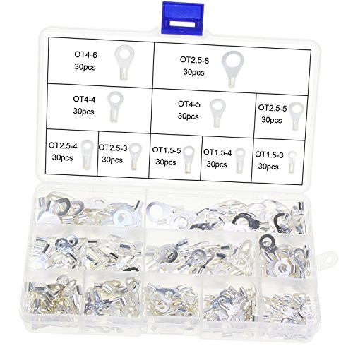 OCR 300Pcs Non-Insulated Ring Crimp Terminals Connector 9 Sizes,O-type Terminals Cable Wire Connector Assortment Kit