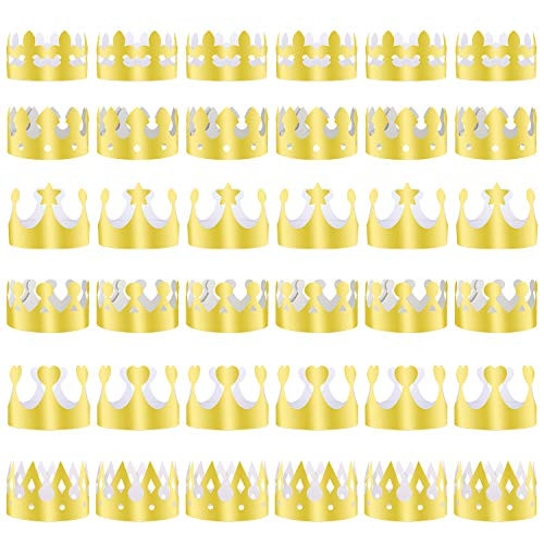 TUPARKA 36 Pcs Paper Crown Golden King Crowns Gold Foil Party Crown Hat Cap for Birthday Celebration Baby Shower Photo Props (6 Styles)