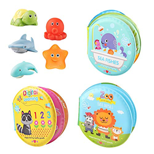 M AOMEIQI Baby Bath Toys 3 Pack Nontoxic Soft Floating Sound Books Kids Early Educational Infant Learning Books Toys Waterproof Bathtime Bathtub Book with 5 Ocean Squirt Toys for Babies Toddlers