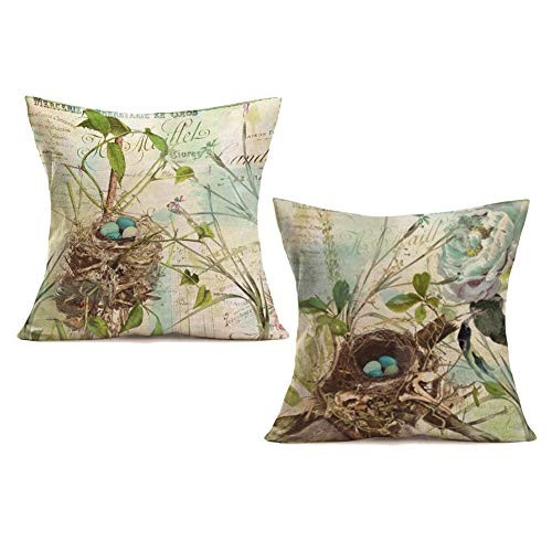Royalours Pillow Covers Vintage Bird Nest Decorative Throw Pillow Case Cotton Linen Cushion Cover for Bed Office Living Room Sofa 18 x 18 Inch Set of 2 (Bird Nest)