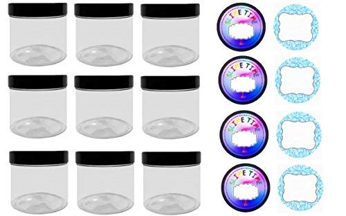 Slime Storage Container Jars with Lids  9 Pack  13.5 oz. Clear Slime Craft Jars with Lids and 2 Sets of Labels. Empty Leak Proof Slime and Craft Storage Jars, BPA Free