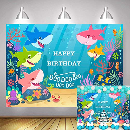 7x5FT Baby Shark Backdrop Blue Ocean Shark Happy Birthday Party Background Baby Shark Party Banner Supplies Photo Booth Props 7x5FT Baby Shark Backdrop Blue Ocean Shark Happy Birthday Party Background Baby Shark Party Banner Supplies Photo Booth Props