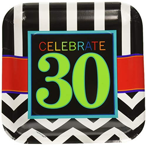 Amscan Must-Have Chevron and Stripes 30th Birthday Party Square Luncheon Plates Tableware, Pack of 8, Multi, 7" Paper Supplies (96 Piece)