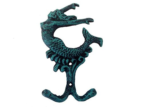 Hampton Nautical  Decorative Cast Iron Mermaid Key Hook, 6", Seaworn Blue