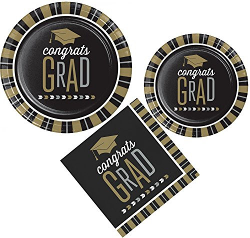 Glitzy Grad Graduation Themed Party Supply Pack! Bundle Includes Paper Plates and Napkins for 8 Guests