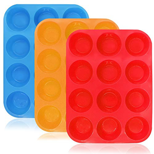 12-Cup Silicone Muffin & Cupcake Baking Pan, YuCool 3 Pack Silicone Molds for Muffin Tins, Cakes, Non-stick Mould (Orange, Red, Blue)