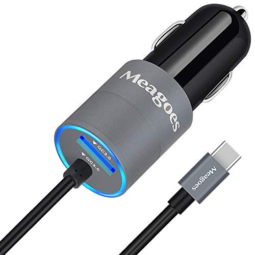 Meagoes Rapid Car Charger, Compatible for Samsung Galaxy Note 10/Note 9/Note 8, Galaxy S9/S8/A50/A20/A10e, Dual Quick Charger 3.0 Car Adapter, Built-in Straight USB A to Type C Charging Cable Cord