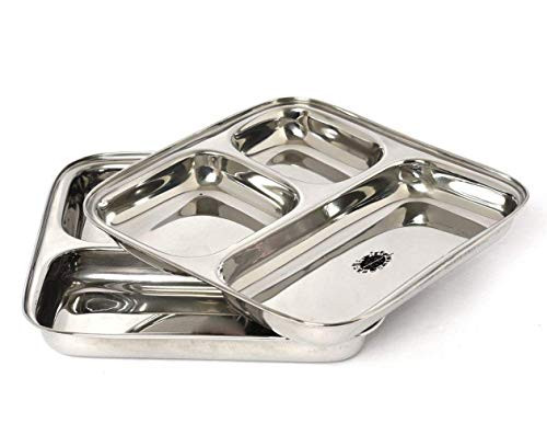 King International 100% Stainless Steel Three in one Dinner Plate Three sections divided plate Three section plate -Set of 2 Mess Trays Great for Camping, 24.5 cm