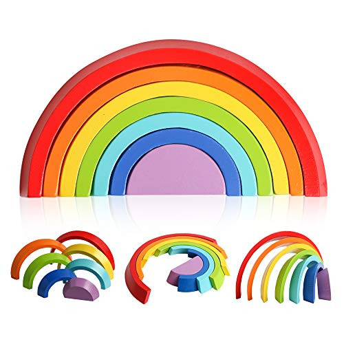 kizh Wooden Rainbow Stacker Nesting Puzzle Blocks Tunnel Stacking Game Building Blocks Color Shape Matching Jigsaw Educational Toys Puzzle for Kids Baby Toddlers Children