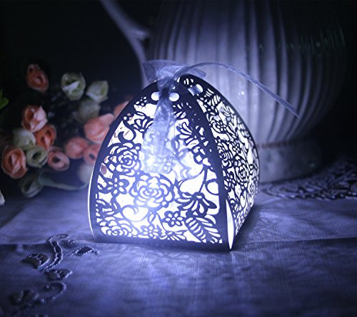 KAZIPA 50pcs Laser Cut Candy Boxes,Silver Favor Boxes 2.6''x2.6''x2.8'', Wedding Boxes for Bridal Shower Anniverary Birthday Party Wedding Favor, Silver