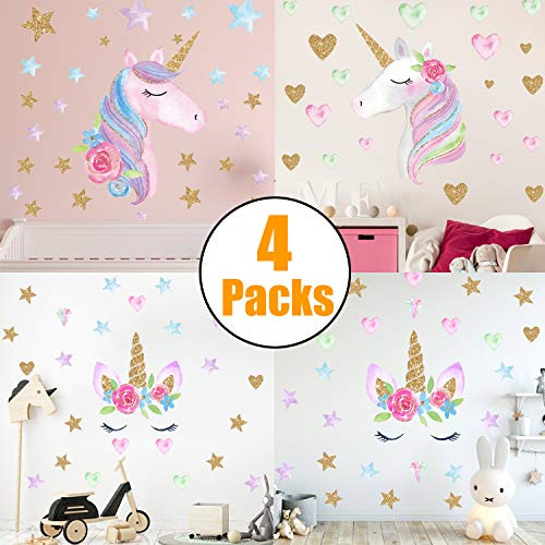 Unicorn Wall Decals, 4 Pack Unicorn Wall Sticker Decor for Unicorn Party Supply Birthday Christmas Gifts for Kids Bedroom Decor Nursery Room Home Decor (4Pcs)