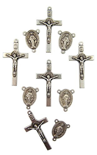 Religious Gifts Silver Tone Saint Benedict Crucifix with Miraculous Medal Rosary Centerpiece, Lot of 10, 1 1/2 Inch