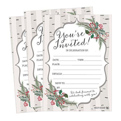 25 Woodland Christmas Holiday Invitations, Rustic Winter New Years Bridal or Baby Shower Invite Snowflake Kids Birthday Invitation Wedding Rehearsal Dinner Invites, Reception Anniversary, Housewarming