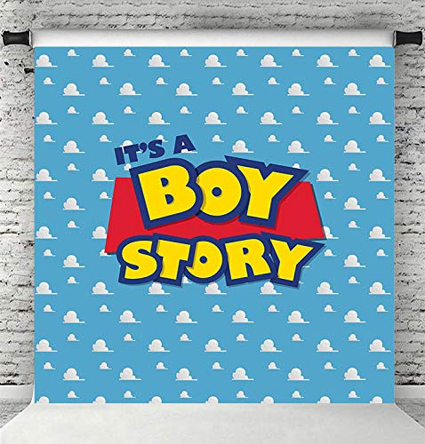Fanghui 6x6FT Cartoon Kids Backdrop It's a boy Story Blue Sky White Clouds Background Birthday Party Boy Baby Shower Dessert Table Banner Supplies Photo Booth Props