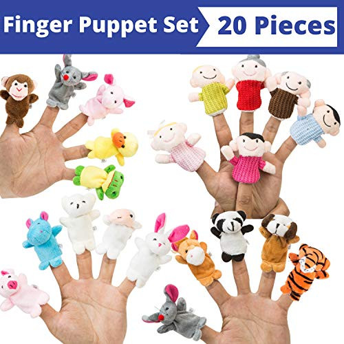 BETTERLINE Finger Puppet Set (20-Piece), 6 Family Member and 14 Animal Finger Puppets Plush Toys - Great for Storytelling, Role-Playing, Teaching, Easter Eggs and Fun