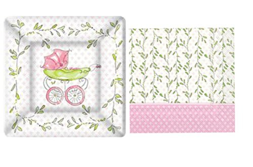 Girl Baby Shower Party Bundle: Includes Dessert Plates and Napkins with a Pink Baby Carriage Theme for 8 Guests