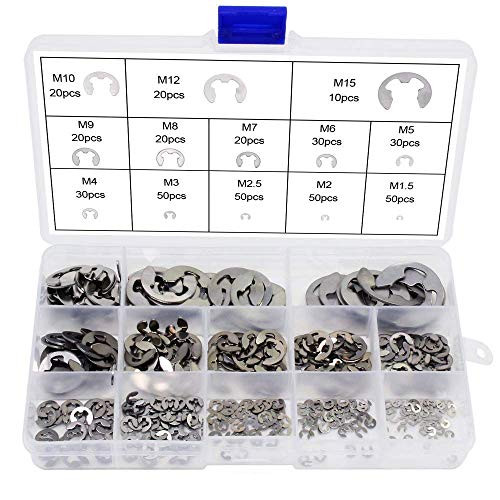 Usee 400pcs E-Clip Stainless Steel Circlip Set External Retaining Ring Snap Ring Assortment Kit 1.5-15mm 13 Size