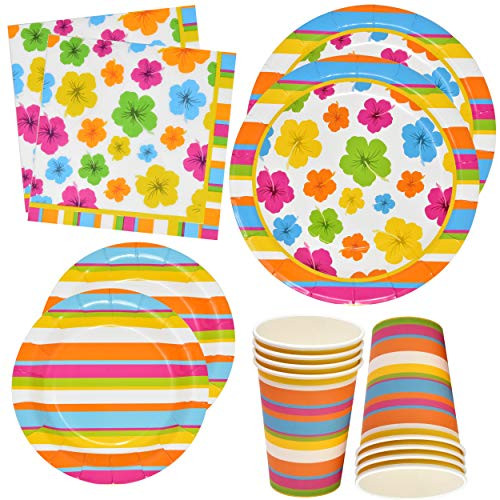 Hawaiian Luau Party Plates and Napkins Includes 24 9" Plates 24 7" Plate 24 9 Oz Cups 50 Luncheon Napkins Paper Supplies Tropical Aloha Decorations for Birthday Tiki Hawaii Hibiscus Theme Tableware