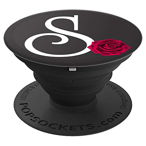 Monogram Initial Letter S with Red Rose on Black Background - PopSockets Grip and Stand for Phones and Tablets