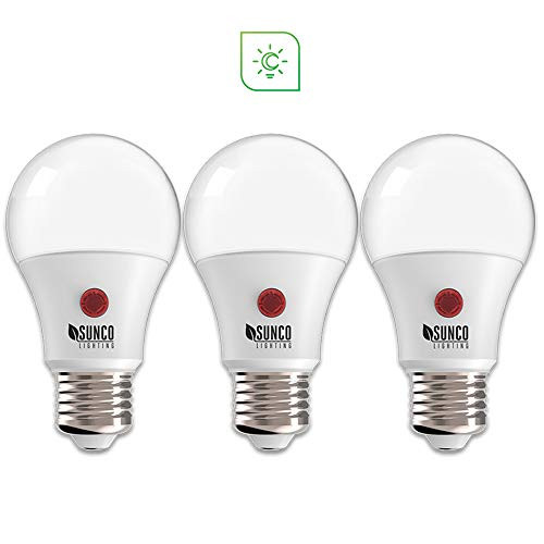 Sunco Lighting 3 Pack A19 LED Bulb with Dusk-to-Dawn, 9W=60W, 800 LM, 3000K Warm White, Auto On/Off Photocell Sensor - UL
