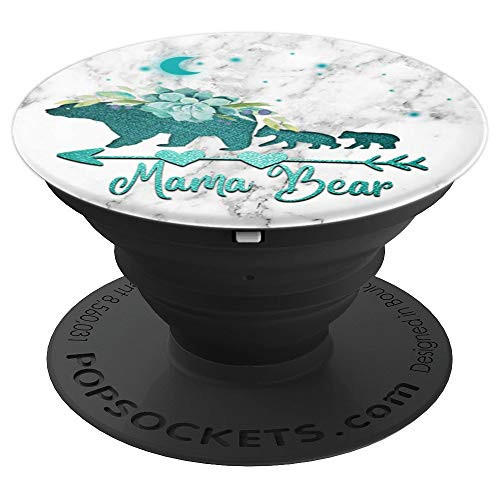 Teal Mama bear and two Cubs On a White Marbled Look Floral - PopSockets Grip and Stand for Phones and Tablets