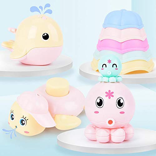 NeatoTek Baby Floating Pool Toys Stacking Cups, Water Spray Octopus, Whale and Turtle, 8 Pcs Baby Bath Toys Set, Baby Squirting Bath Toys Gift for Toddlers, Infant and Kids (Pink)