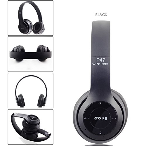 Wireless Headphones, P47 Bluetooth Over Ear Foldable Headset with Microphone Stereo Earphones 3.5mm Audio Support FM Radio TF for PC TV Smart Phones & Tablets etc (Black)