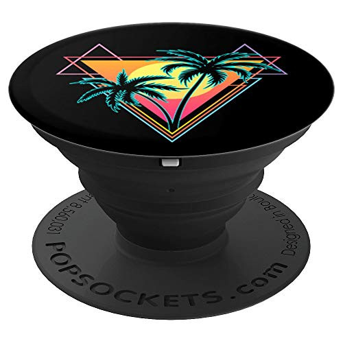 Retro 1980s 1990s Vaporwave Palm Trees Sunset Beach Art PopSockets Grip and Stand for Phones and Tablets