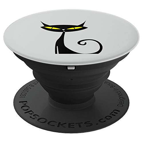 Black Cat With Yellow Eyes Set Against A Silver Background. - PopSockets Grip and Stand for Phones and Tablets