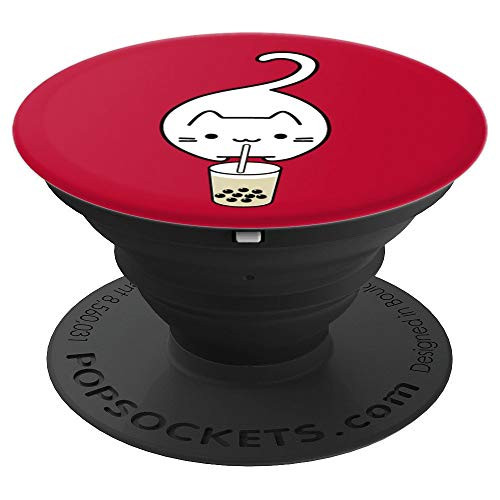 Cat Jumping Drinking Boba Milk Tea Red - PopSockets Grip and Stand for Phones and Tablets