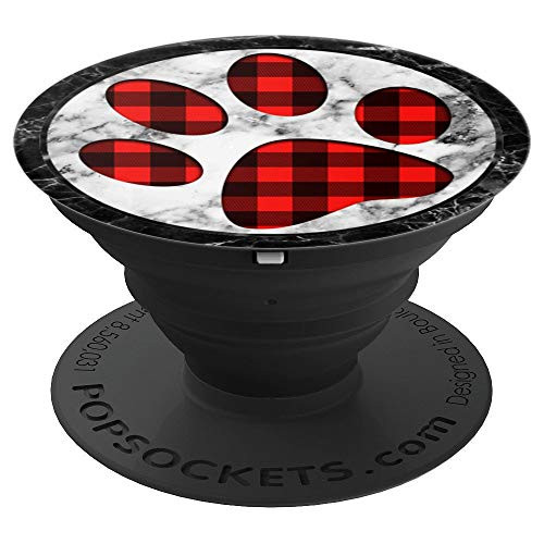 Red Plaid Dog Paw Print on Gray White Marbled Look - PopSockets Grip and Stand for Phones and Tablets