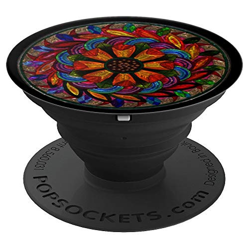 Psychedelic Retro Orange Red And Green on Black Mandala Gift - PopSockets Grip and Stand for Phones and Tablets
