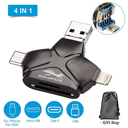 GOLDFOX SD/TF/Micro SD Card Reader for iPhone Andriod Mac Computer, 4-in-1 Memory Card Reader Adapter Trail Game Camera Viewer for iPhone iPad Smartphones with 4 Interfaces USB C/Micro USB/USB Ports