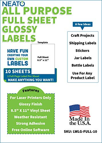 Neato Blank White Full Sheet Printable Labels - for Laser Printers - 10 Sheets - Weather Resistant Glossy Vinyl Sticker Paper - Online Design Label Studio Included (10 Sheets)
