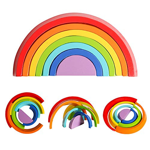 USATDD Wooden Rainbow Stacking Nesting Puzzle Tunnel Blocks Stacker Game Geometry Building Creative Color Shape Matching Jigsaw Educational Toys Early Development Gift for Kids Baby Toddlers
