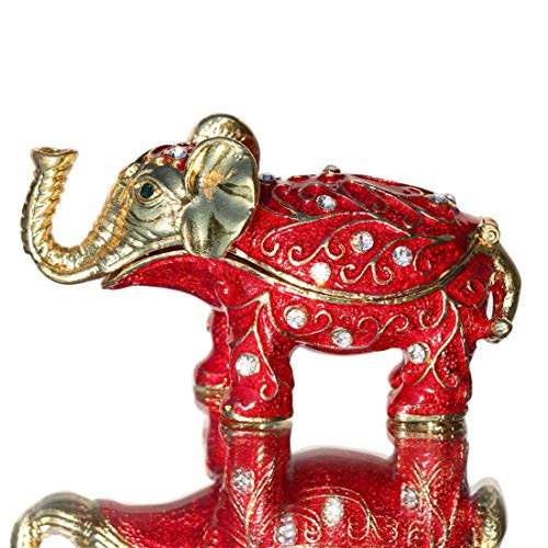 Waltz&F Red Pattern Elephant Trinket Box Hinged Hand-Painted Figurine Collectible Ring Holder with Gift Box