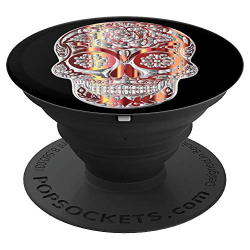 Red Silver Candy Sugar Skull on Black Background Design - PopSockets Grip and Stand for Phones and Tablets
