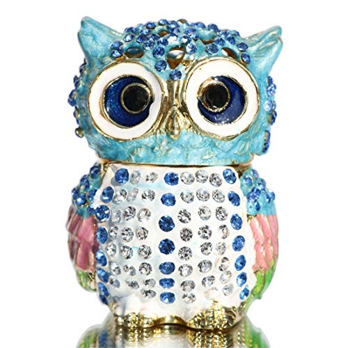 Waltz&F Light Blue Openwork owlTrinket Box Hinged Hand-Painted Figurine Collectible Ring Holder with Gift Box