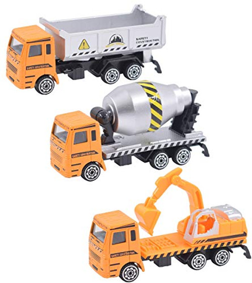BeenUDog Diecast Construction Car Toys Set - Dump Truck, Excavator, Cement Mixer Truck Toy Vehicles for Boys Girls Toddlers Kids 3, 4, 5 Years Old Christmas Xmas Birthday Gift - 3 pcs